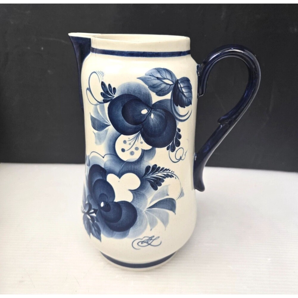Vintage Gzhel-Stye Russian Water Pitcher Vase Ewer Cobalt Blue Floral Signed 8"